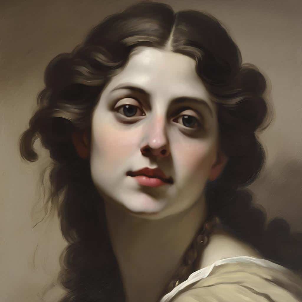 Ζωγραφική πορτρέτο γυναίκας με σκούρα, κυματιστά μαλλιά, σε ρεαλιστικό στυλ, από την Αναγέννηση.