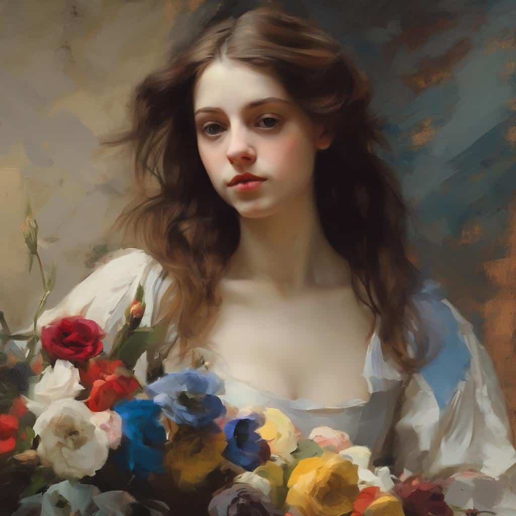 Φωτογραφία νεαρής γυναίκας με ελαφρώς ανέμελο βλέμμα και κατάμαυρα μαλλιά, κρατώντας λουλούδια.