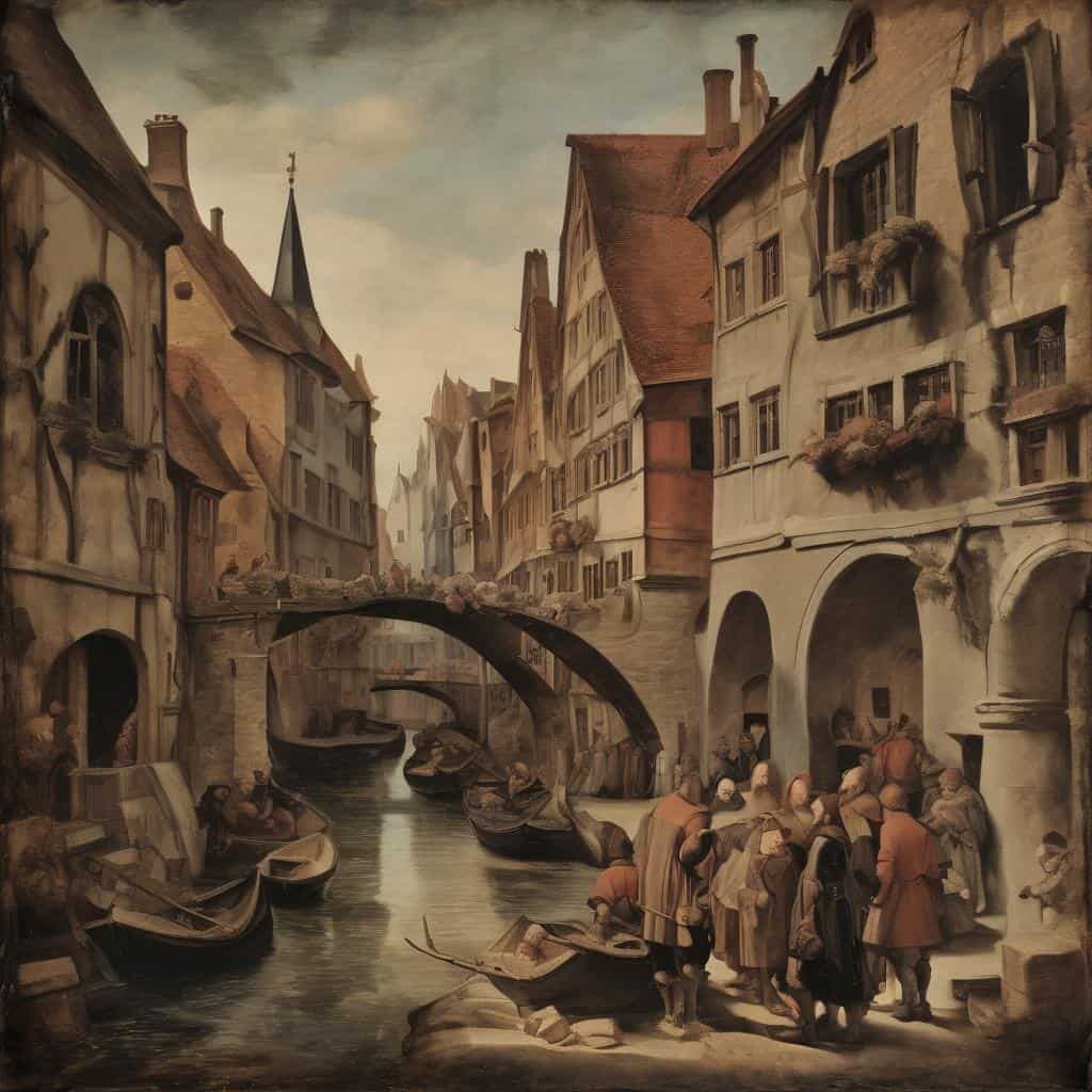 Μεσαιωνική πόλη με γέφυρα και κανάλι, σκηνή από την Αναγέννηση με ανθρώπους και αρχιτεκτονική.